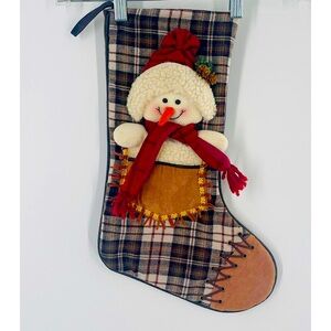 Country Style Christmas Stocking with 3D Snowman Plaid with Fringe & Laceup